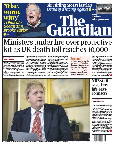 The Guardian Newspaper Front Page for 13 April 2020