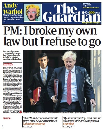 The Guardian Newspaper Front Page for 13 April 2022
