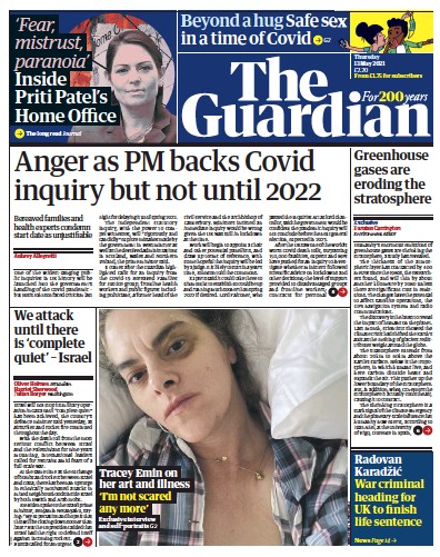 The Guardian Newspaper Front Page for 13 May 2021