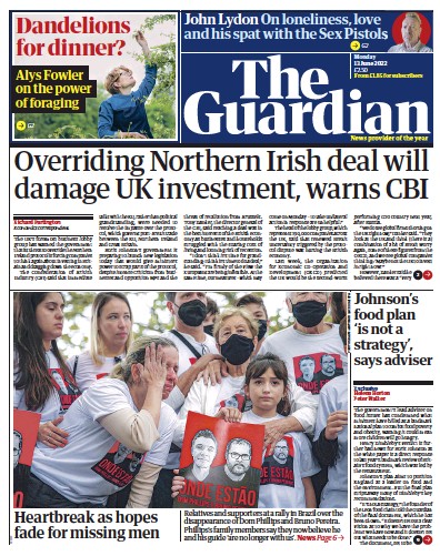 The Guardian (UK) Newspaper Front Page for 13 June 2022