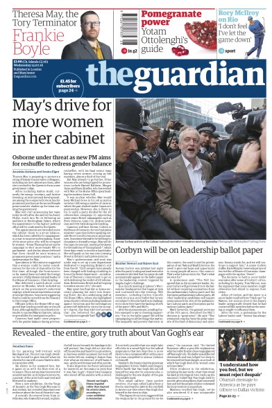 The Guardian Newspaper Front Page for 13 July 2016