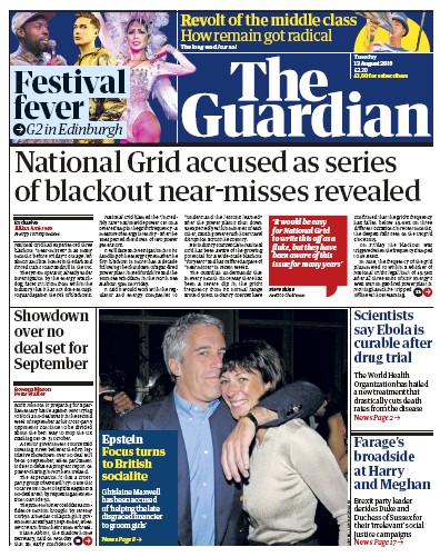 The Guardian Newspaper Front Page for 13 August 2019