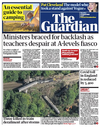 The Guardian Newspaper Front Page for 13 August 2020
