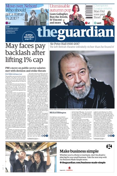 The Guardian (UK) Newspaper Front Page for 13 September 2017