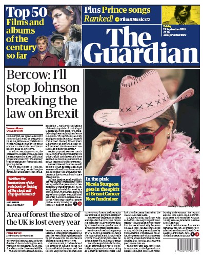 The Guardian Newspaper Front Page for 13 September 2019