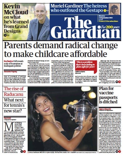 The Guardian (UK) Newspaper Front Page for 13 September 2021
