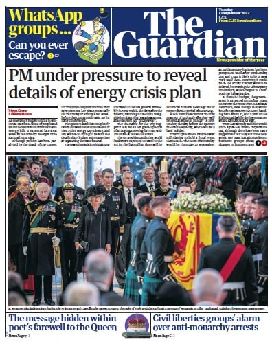 The Guardian (UK) Newspaper Front Page for 13 September 2022