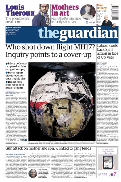 The Guardian Newspaper Front Page for 14 October 2015