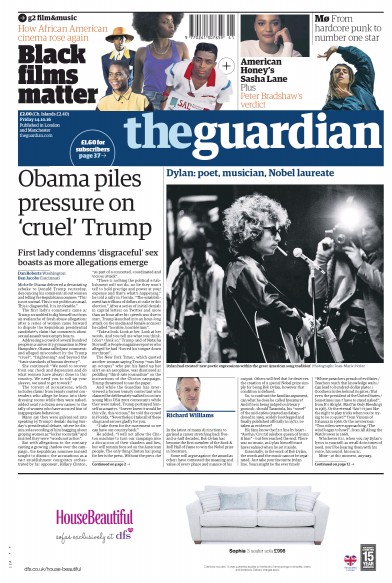 The Guardian Newspaper Front Page for 14 October 2016