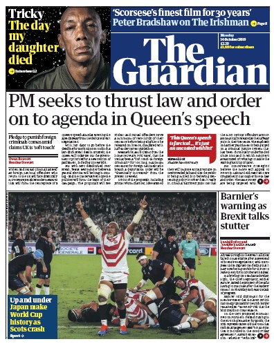 The Guardian Newspaper Front Page for 14 October 2019