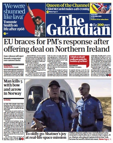 The Guardian (UK) Newspaper Front Page for 14 October 2021