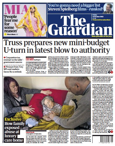 The Guardian Newspaper Front Page for 14 October 2022
