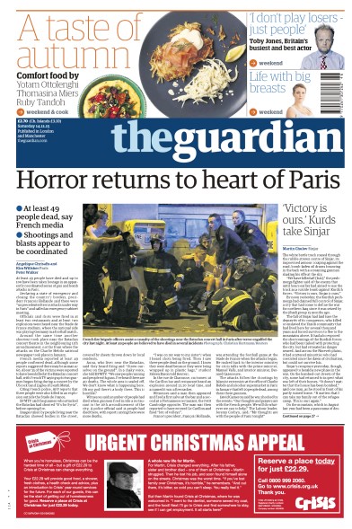 The Guardian Newspaper Front Page for 14 November 2015