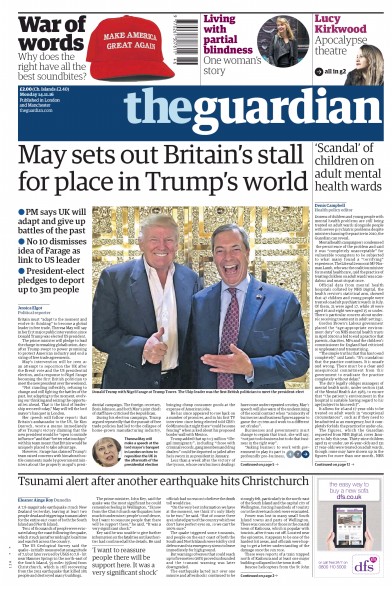 The Guardian Newspaper Front Page for 14 November 2016