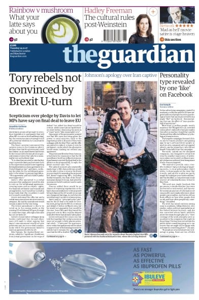 The Guardian Newspaper Front Page for 14 November 2017
