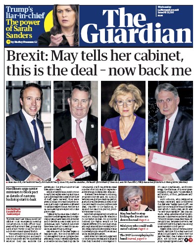 The Guardian (UK) Newspaper Front Page for 14 November 2018
