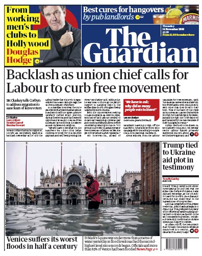 The Guardian Newspaper Front Page for 14 November 2019