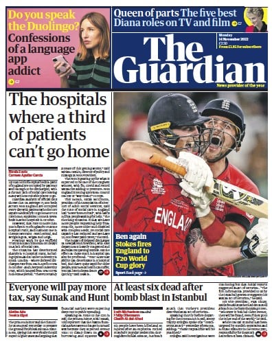 The Guardian (UK) Newspaper Front Page for 14 November 2022