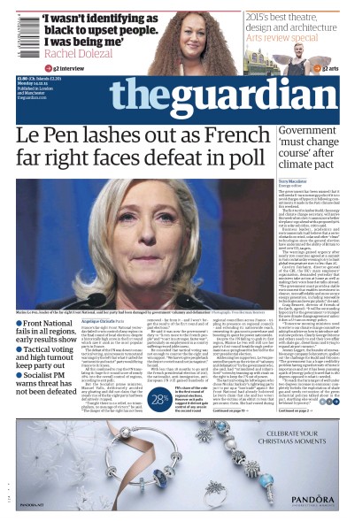 The Guardian (UK) Newspaper Front Page for 14 December 2015