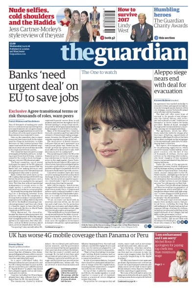 The Guardian (UK) Newspaper Front Page for 14 December 2016