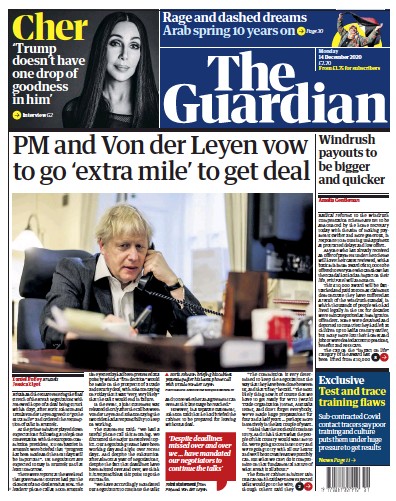 The Guardian (UK) Newspaper Front Page for 14 December 2020