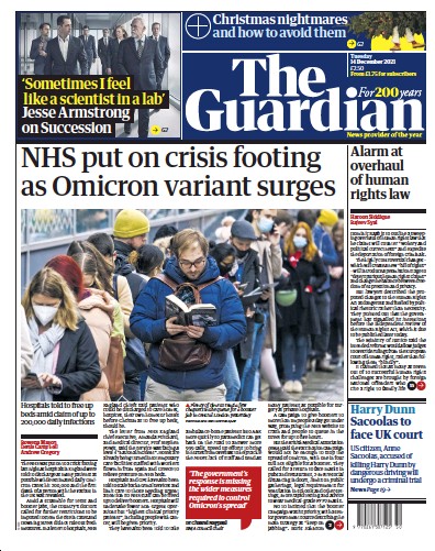 The Guardian (UK) Newspaper Front Page for 14 December 2021
