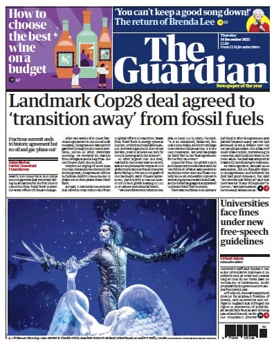 The Guardian Newspaper Front Page for 14 December 2023
