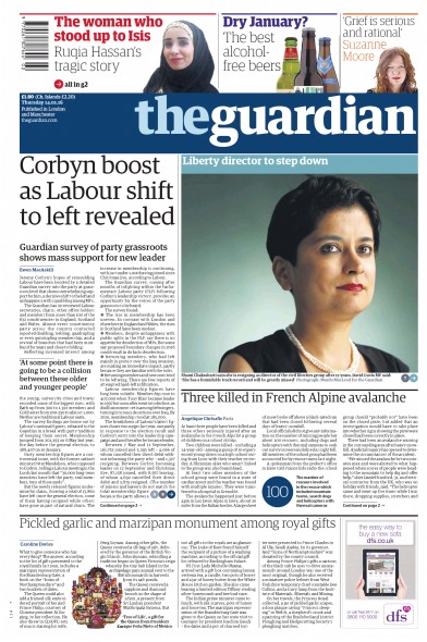 The Guardian Newspaper Front Page for 14 January 2016