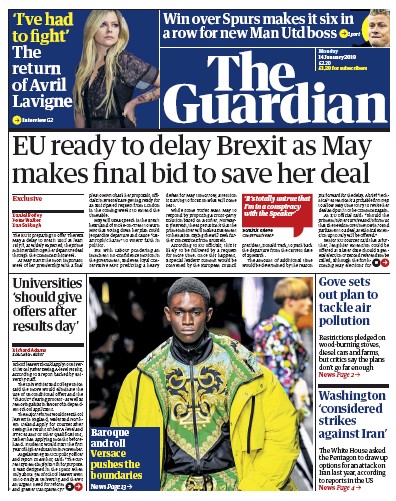 The Guardian Newspaper Front Page for 14 January 2019