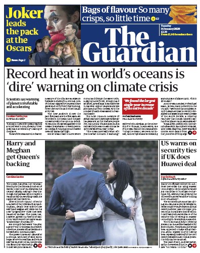 The Guardian (UK) Newspaper Front Page for 14 January 2020