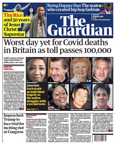 The Guardian Newspaper Front Page for 14 January 2021