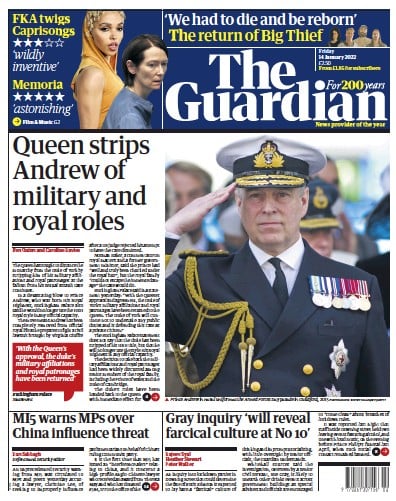 The Guardian (UK) Newspaper Front Page for 14 January 2022