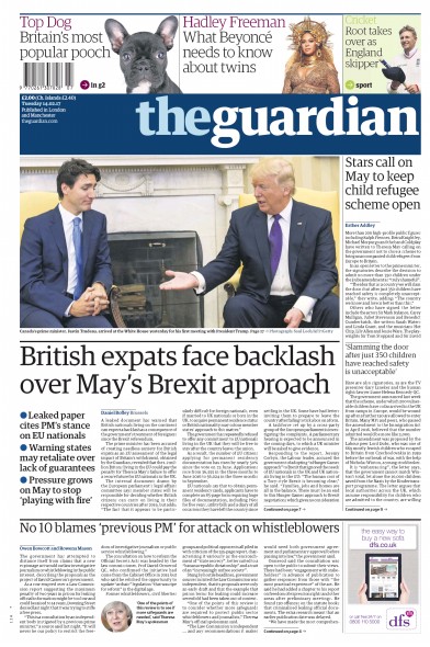 The Guardian Newspaper Front Page for 14 February 2017