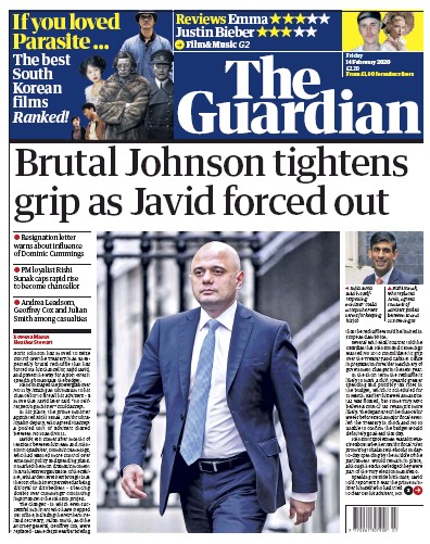 The Guardian Newspaper Front Page for 14 February 2020
