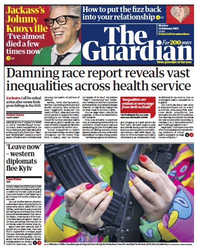The Guardian Newspaper Front Page for 14 February 2022