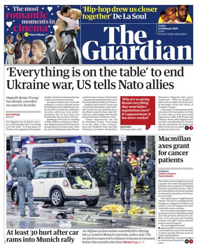 The Guardian (UK) Newspaper Front Page for 14 February 2025