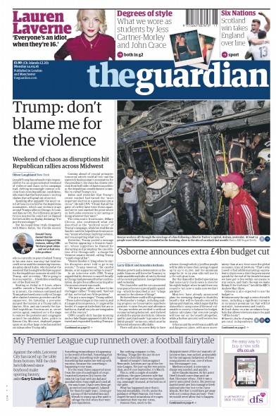 The Guardian Newspaper Front Page for 14 March 2016
