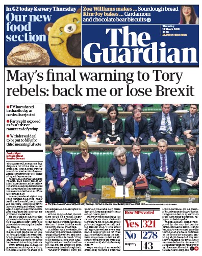 The Guardian Newspaper Front Page for 14 March 2019