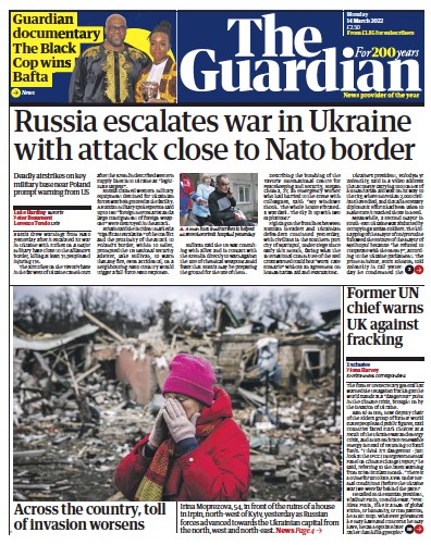 The Guardian Newspaper Front Page for 14 March 2022