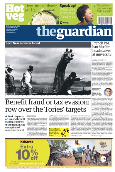 The Guardian Newspaper Front Page for 14 April 2016