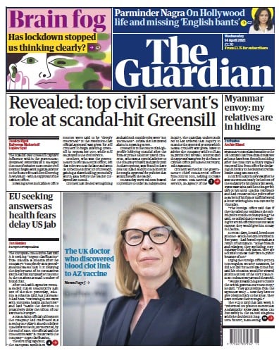 The Guardian (UK) Newspaper Front Page for 14 April 2021