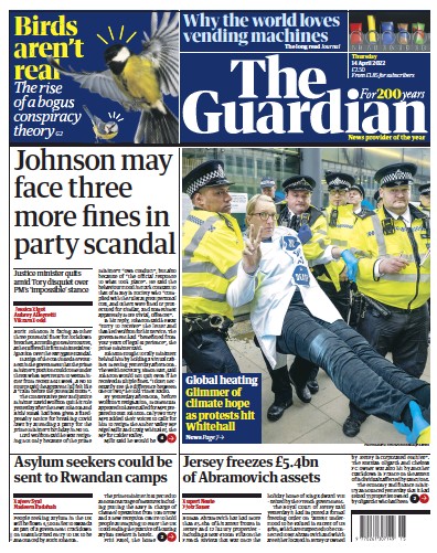The Guardian Newspaper Front Page for 14 April 2022