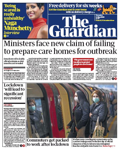 The Guardian Newspaper Front Page for 14 May 2020