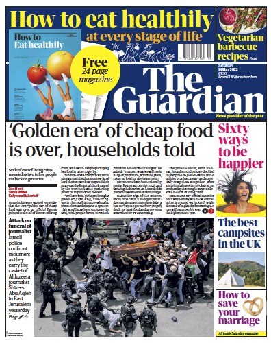 The Guardian (UK) Newspaper Front Page for 14 May 2022
