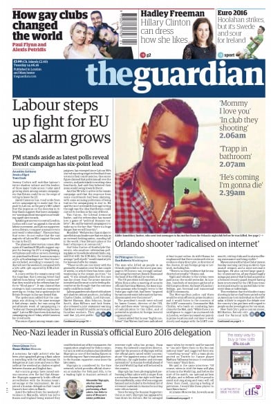 The Guardian Newspaper Front Page for 14 June 2016