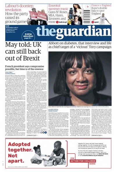 The Guardian Newspaper Front Page for 14 June 2017