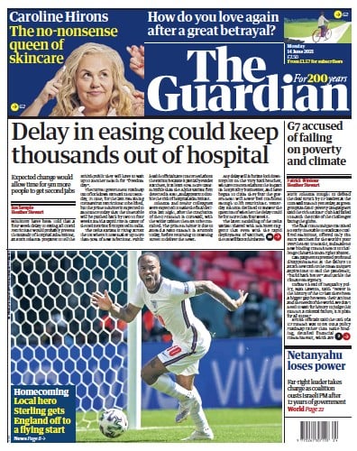 The Guardian (UK) Newspaper Front Page for 14 June 2021
