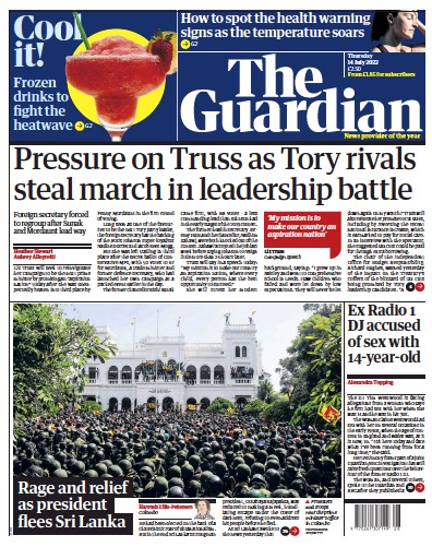 The Guardian Newspaper Front Page for 14 July 2022