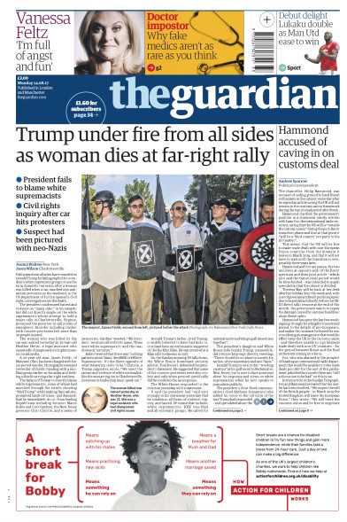The Guardian (UK) Newspaper Front Page for 14 August 2017