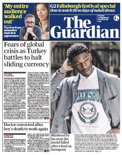 The Guardian Newspaper Front Page for 14 August 2018